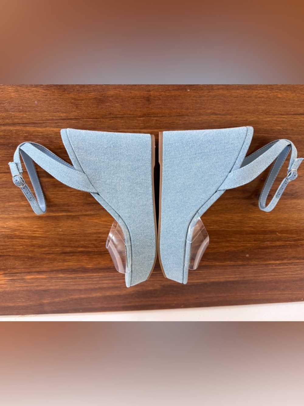 Nine West Denim Wedge Sandals Clear Strap Chic Summer Women’s Size 7 - Picture 4 of 7